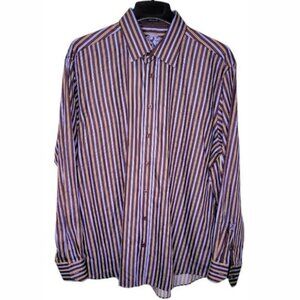 Bugatchi Men's Dress Shirt Size XXL Classic Fit Striped 2 Button Angle Cuff